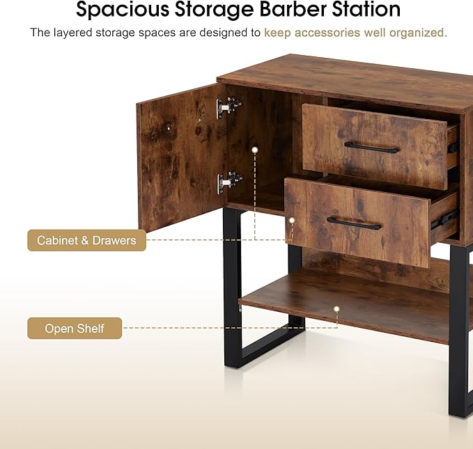BarberPub Styling Barber Station, Wall Mount Storage Cabinet, Salon Equipment for Hair Stylist, Spa Beauty Makeup Organizer with Drawers & Shelf 3185 (Brown & Black)
