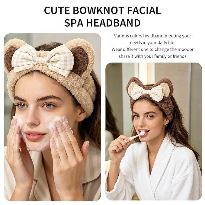 PERFECTSIGHT Kawaii Headband for Spa, Makeup, Washing Face, Party - 2 Pack Cute Cat Ear Hair Band for Shower Beauty Skincare, Soft Facial Headbands for Girls and Women (Beige+Coffee Bow)