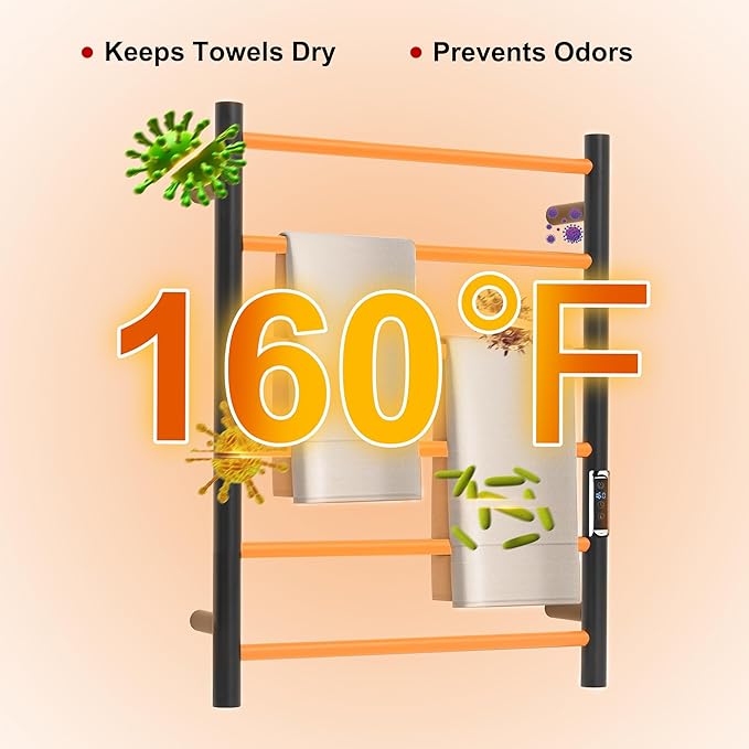 Heated Towel Racks for Bathroom, Wall Mounted Electric Towel Warmer Racks with Timer & Temperature Control, 6 Bar Stainless Steel Towel Heater for Bathroom, Black, Plug-in