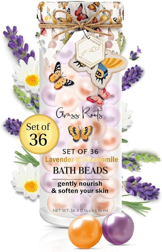 Grass Roots Bath Oil Beads Set of 36 - Lavender & Chamomile Scented Bath Beads - Essential Oil Soaked Pearls to Gently Nourish & Soften Skin - Luxurious Bath Experience