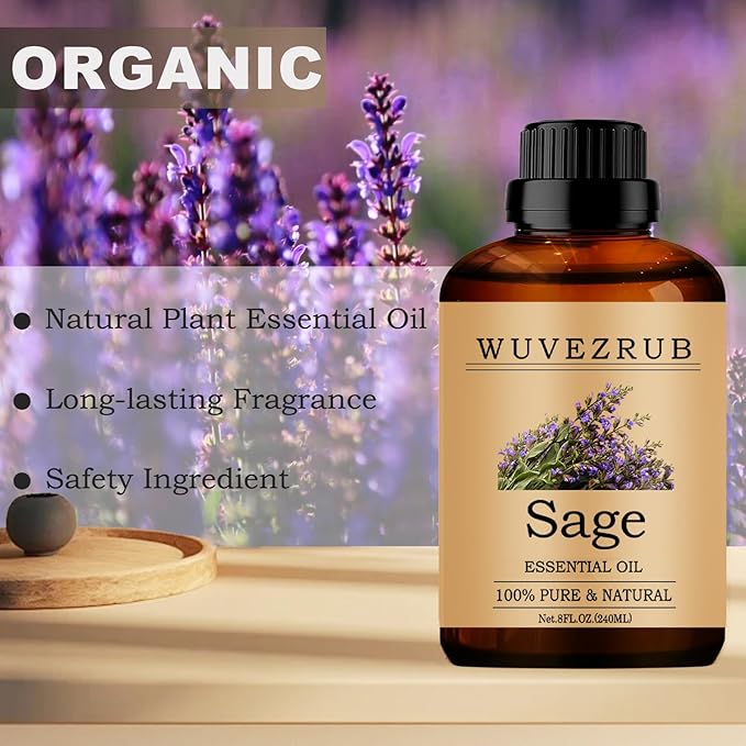 Sage Essential Oils, 240ML Pure and Natural Essential Oil for Aromatherapy Diffuser - Sage /8 Fl Oz