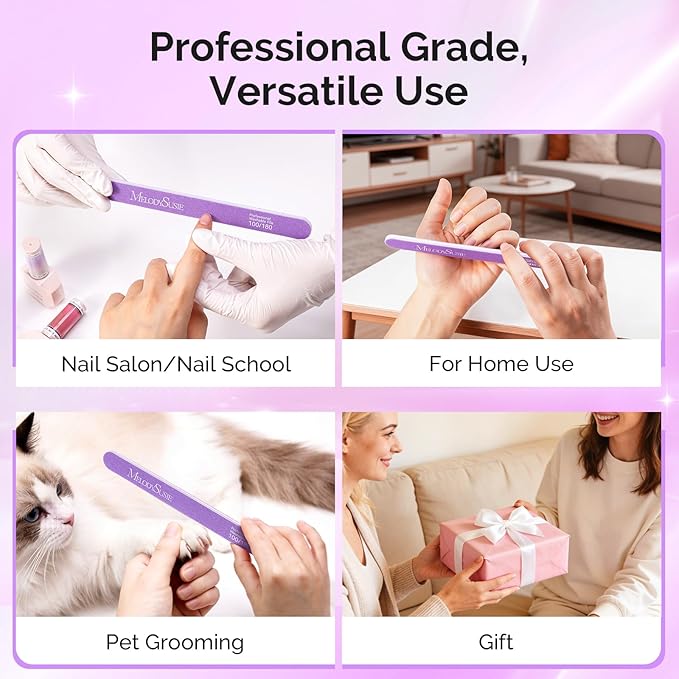 MelodySusie Nail File Kit, 2Pcs Double Sided 100/180 Grit Straight Shape Emery Boards for Nails, Professional Nail Art Manicure Pedicure Supplies for Home and Salon Use, Mothers Day Gifts, Purple