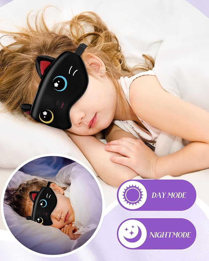Miss Adola Sleep Mask for Kids - Valentines Gift for Kids Cute Silk Eye Cover for Sleeping Soft Kawaii Eyeshade Animal Eye Blindfold with Adjustable Strap for Girls Teens, Black Cat