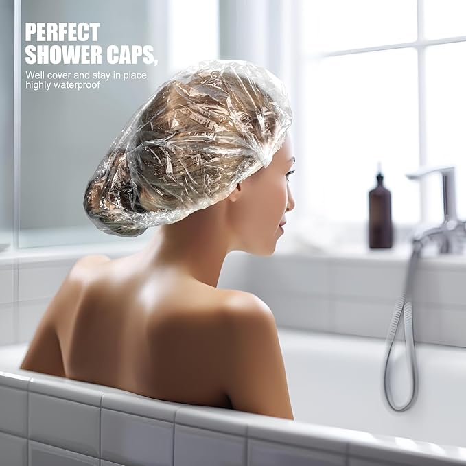 LEOBRO Individually Wrapped Disposable Shower Caps, 80pcs Large Plastic Shower Caps for Women Disposable, Plastic Hair Caps for Travel, Hotel Use, Travel Essentials for Women, 19.3 INCH