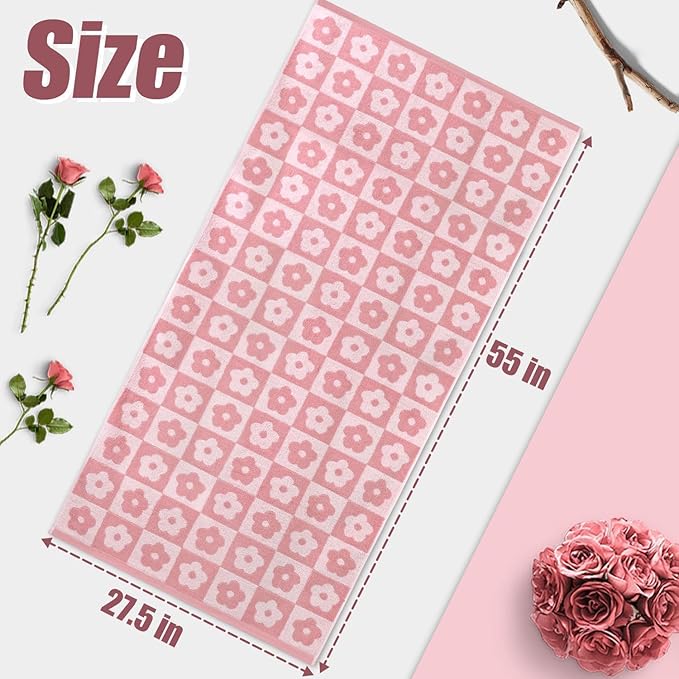 Jacquotha 2-Pieces Luxury Bath Towels Checkered Floral, Pink Towels for Women Girls Shower Body 27.5x55 Inches, Bathroom Decor & Pool Days, Cotton