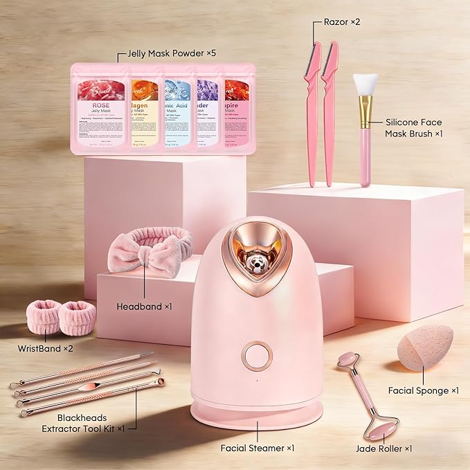 Pjordo Facial Steamer Spa Kit with 17 Skin Care Tools, Nano Ionic Face Steamer for Deep Cleaning Unclogs Pores, Warm Mist Humidifier Steamer for Face Home Sauna SPA, Mothers Day Gifts for Women
