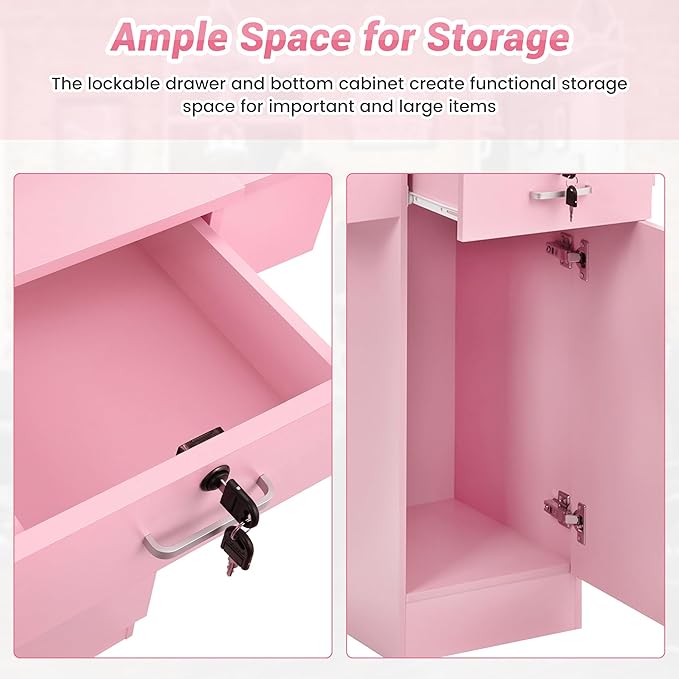 RESHABLE Salon Station for Hair Stylist,Hair Styling Storage Cabinet with Glass Door,Tool Dryer Holders, Salon Beauty Spa Barber Hair Staion, Pink