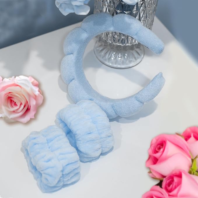 Beleki Spa Headband for Washing Face, Sponge Makeup Skincare Headband & Wristband Set Non Slip Headbands Soft Puffy Headwear Hair Accessories for Women Girls, Blue