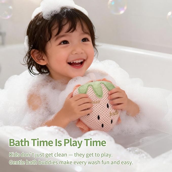 Kids Bath Sponge,Cute Kids Loofah Frog&Strawberry Shower Pouf,Soft Mesh Bath Loofah Fun Bath Accessories for Boys and Girls