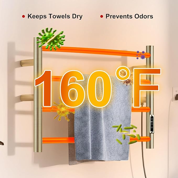 Heated Towel Racks for Bathroom, Wall Mounted Electric Towel Warmer Racks with Timer & Temperature Control,Heater for Bathroom, Brushed (Round-Brushed Gold, 4 Bars)
