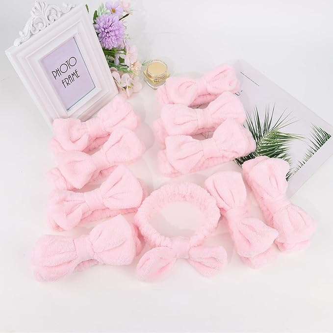 Casoty 10 Pcs Pink Makeup Headbands, Hair Band for Washing Face, Soft Coral Fleece Makeup Headband for Girls, Bow Hair Bands, Beauty Headbands for Face Washing Shower Skin Care Yoga