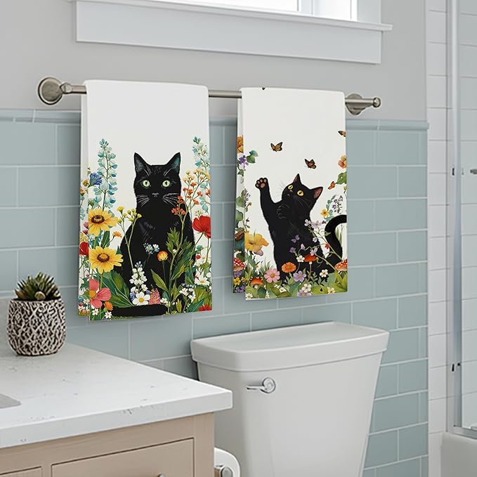 Accnicc 2 Pack Black Cat Bathroom Hand Towels Decorative Spring Floral Dish Kitchen Towel 16x27 Inch Butterfly Mushroom Botanical Wildflowers Absorbent Soft Microfiber Bath Towels Hotel Spa Decor