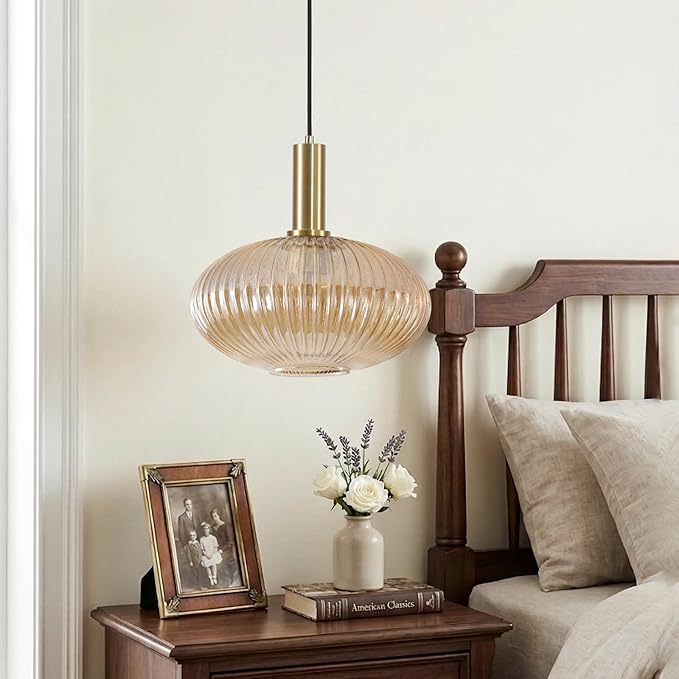 KCO Lighting Vintage Gold Pendant Light Fixture Amber Glass Pendant Light Mid Century Modern Lantern Light Antique Brass Dining Room Light Large Hanging Light Fixture