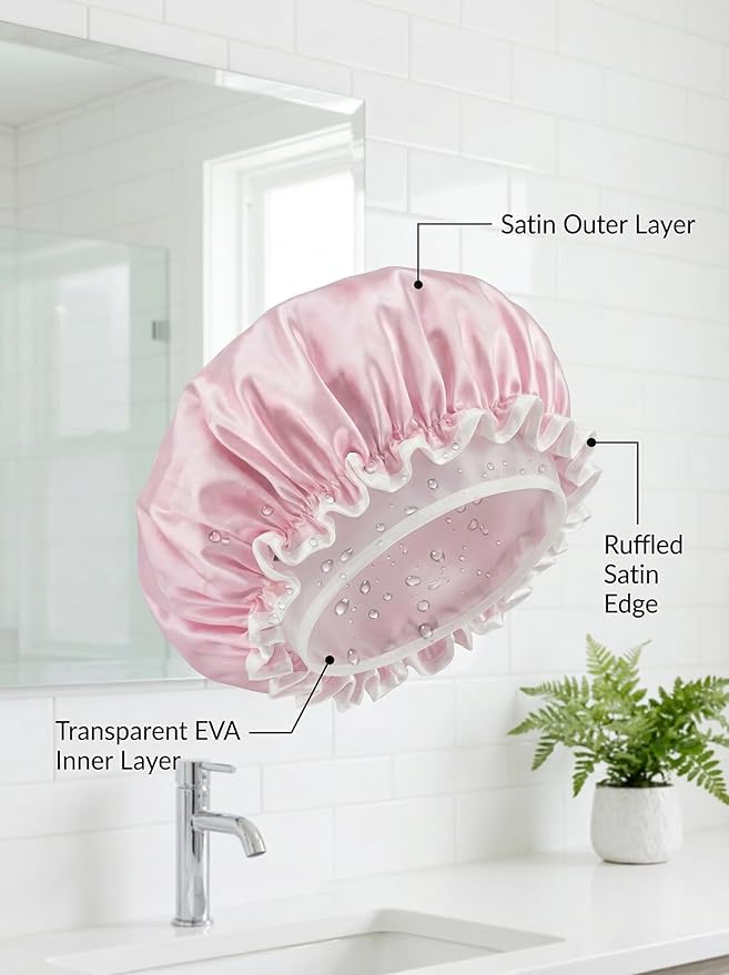 Aquior Shower Cap for Women, Waterproof Reusable Hair Cap with Soft Elastic, Large Size for Long Hair, Cute Pink Bath Cap for Shower, Skincare, Cooking, Spa and Travel Use