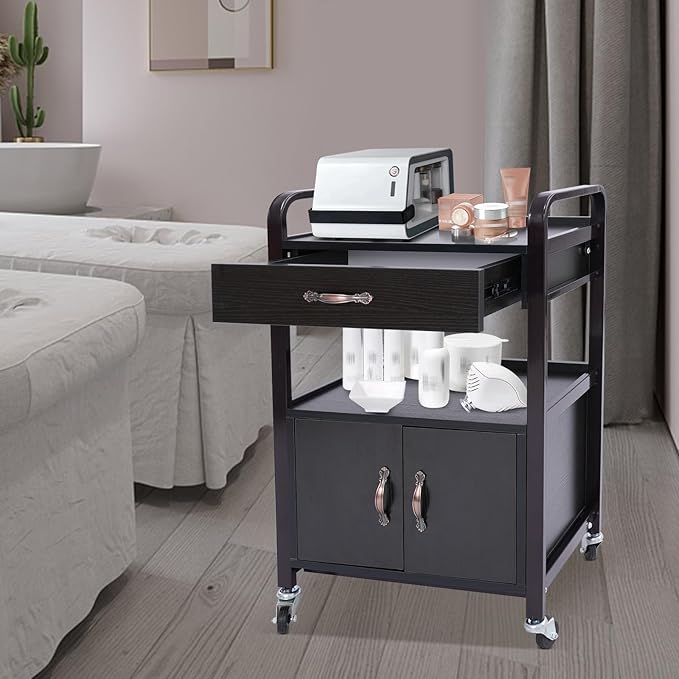Salon Cart,Salon Storage Cart with Drawers, 4 Wheels and Handles, Movable Beauty Organizer, Salon Trolley for Beauty Salons, Barber Shops, Nail Salons, Spas (Black)