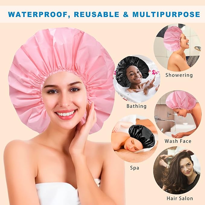 Extra Large Shower Cap 2 PCS Waterproof Shower Caps for Women, Super Jumbo Shower Cap, Reusable Super Large Bath Caps Hair Cap for Long Thick Curly Hair, Locs, Twist Braids - Black + Pink