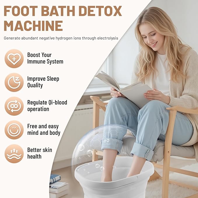 Ionic Foot Bath Detox Machine,Foot Detox Foot Bath Soak Tub with 2 Arrays,80 Disposable Liners,Detox Sea Salt,Folding Foot Spa Bucket,Home Salon-Level Foot Soaking Tub