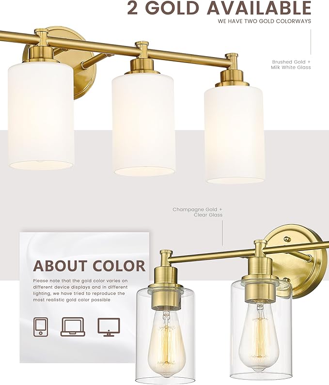 FEMILA Bathroom Vanity Light,Farmhouse Modern Vanity Lighting fixtures,Vintage Wall Lamp, Champagne Gold Finish with Clear Glass Shade,4FYC56B-3W BG