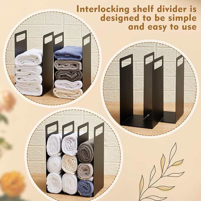 LEIFIDE Set of 2 Interlocking Towel Organizer Metal Bathroom Towel Storage Rack Shelf Dividers Organizers for Closet Home Space Saving (Black)
