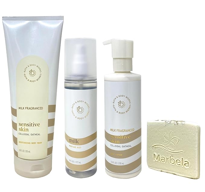 Bath & Body Works Sensitive Skin Milk Fragranced 3 Piece Set - Moisturizing Body Wash, Perfume Mist and Body Lotion - with a Natural Oats Sample Soap