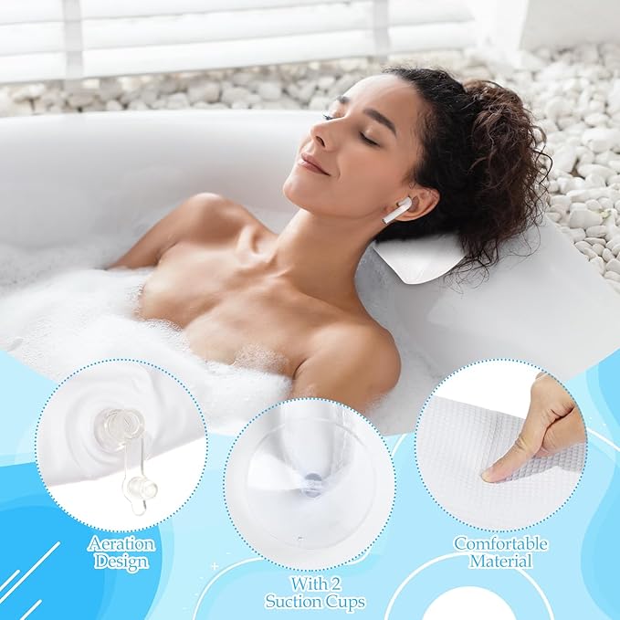 EORTA Inflatable Bathtub Pillow Anti-Slip Aerated Bath Pillow with Suction Cup Spa Bath Cushion for Head Neck Rest Relax, Home, Bathroom, White, 13.8"X7.8"