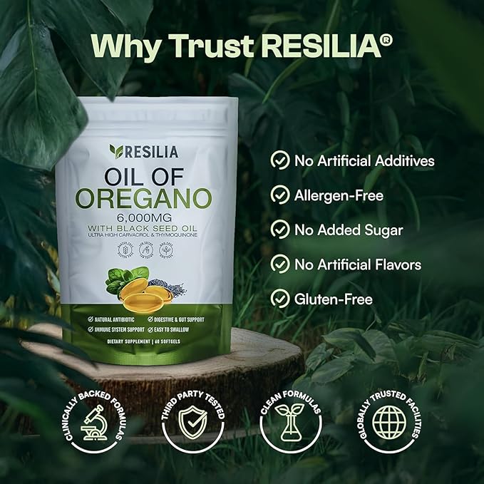 Resilia Oil Of Oregano Softgels with Black Seed Oil 6000mg – Organic Oregano Oil Capsules for Immune & Digestive Support – Non-GMO, Gluten-Free Softgels - 120 Count (Pack of 2)