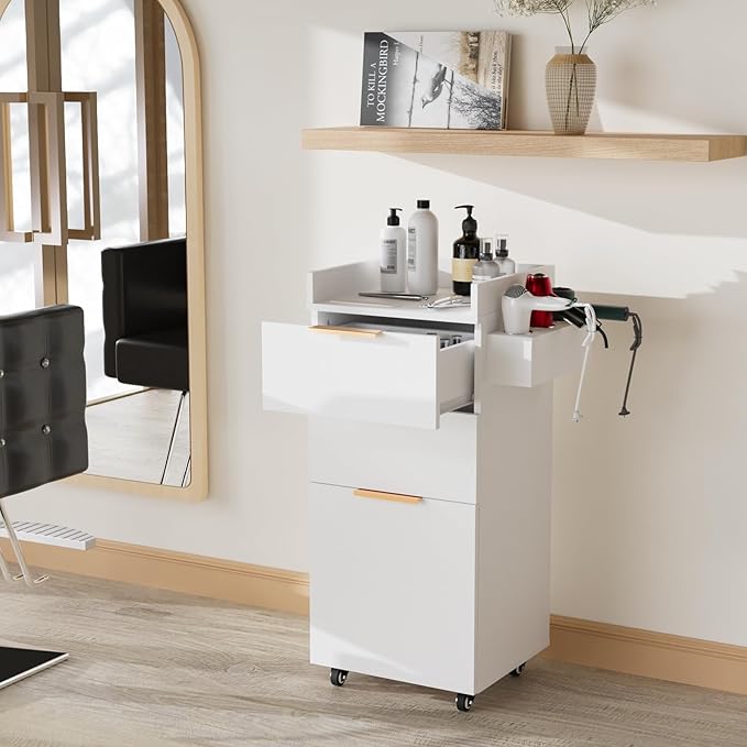 OmySalon Salon Cart with Wheels, 3-Tier Rolling Hair Styling Station, 2 Drawers & Adjustable Shelf, Hair Dryer Holder, Mobile Organizer for Salon, Barber, Spa, Nail & Beauty Tools, White