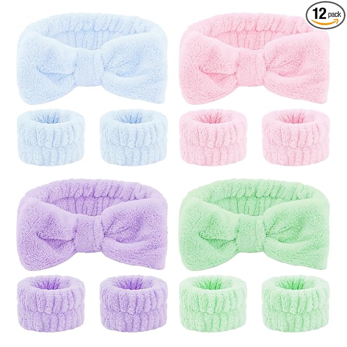 CIEHER 12 PCS Makeup Headband for Women Wrist Washband Scrunchies Cuffs for Washing Face, Soft Bow Hair Band Matching Wristbands, Pink, Purple, Blue, Green