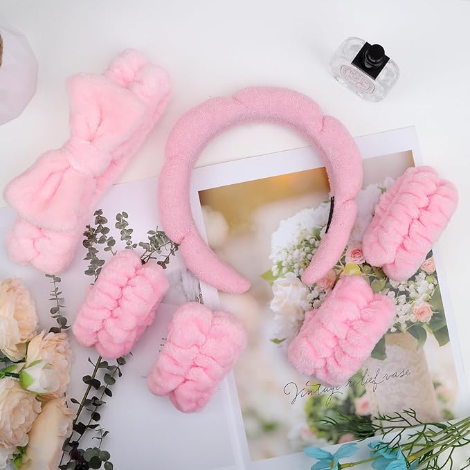 Pink Spa Headband and Wristband Set with Bow for Washing Face, Skincare, Makeup - Sponge Cloud Headband for Women Girls
