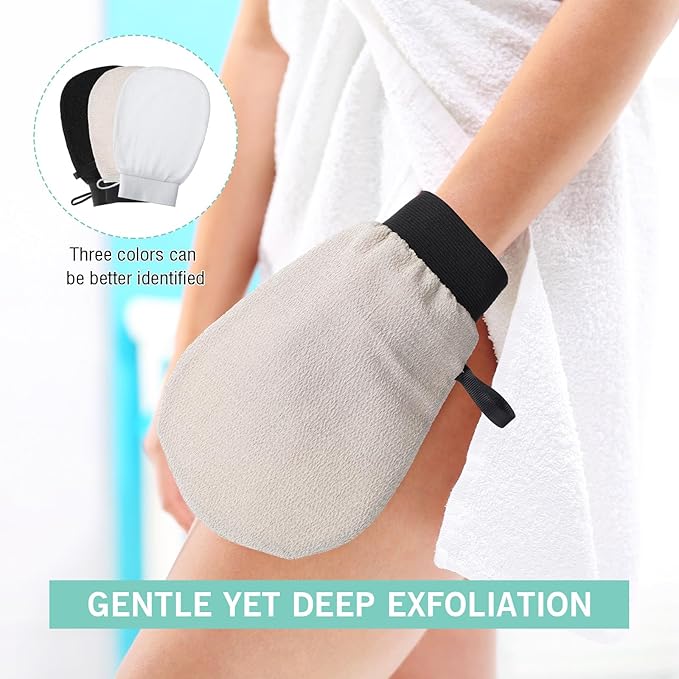 FoldTier 20 Pcs Exfoliating Glove Bulk Summer Exfoliator Mitt Body Scrubber 150d Viscose Fiber Skin Korean Scrub Mitt for Spa Massage Dead Skin Remover for Men and Women(20 Pcs,Black, White, Gray)