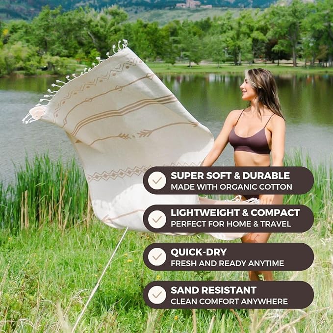 FESHKA Sand Proof Turkish Beach Towel – Oversized, Quick Dry & Lightweight Travel Towel - 100% Organic Cotton Beach Blanket - Perfect for Bath, Pool & Picnic | Native (Brown)