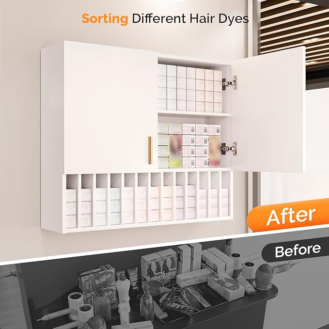 OmySalon Hair Color Organizer Rack, Salon Hair Color Tube Storage Cabinet with Adjustable Shelves, Wall Mounted Salon Barber Station for Barbershop Beauty Spa, White