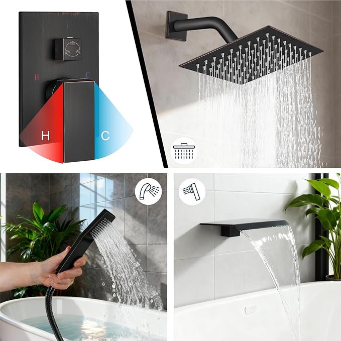Midanya Shower System with Tub Spout,Bathtub Shower Faucet Set with Square Rainfall Head and Handheld Sprayer Wall Mount Tub Faucet Set with Valve and Trim Kit,8 Inch Oil Rubbed Bronze