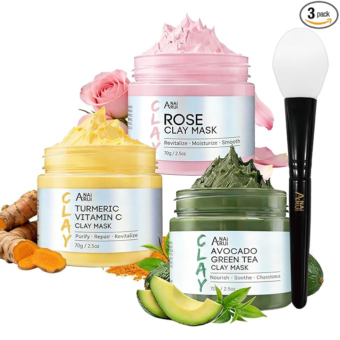 ANAI RUI 3 Pack Clay Mask Set Turmeric Vitamin C Clay Mask -Rose Facial Mask -Avocado Green Tea Mud Mask Smoothing, Hydration & Glow,Spa Gift Set, Self Care for Women Teens 2.5 oz Each