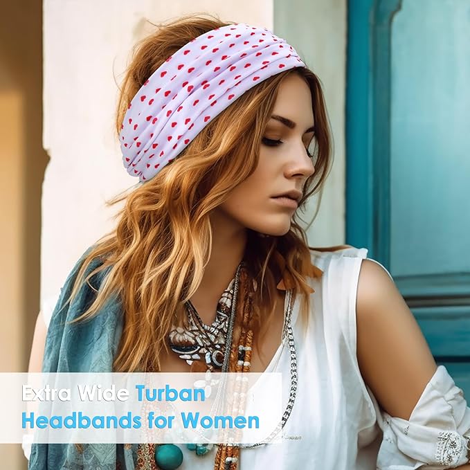 HAUHC Extra Wide Headbands for Women, 7'' Large Cotton Like Turban Knotted Bandana Head Bands for Women Non Slip, Boho Headbands for Women's Hair (6PCS Print 1, average size)