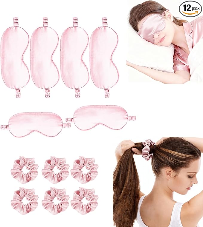 12Pcs Silk Sleep Masks Satin Eye Mask Silky Eyes Cover Blindfold Eyeshade Hair Ties Scrunchy Travel Bridesmaids Gifts