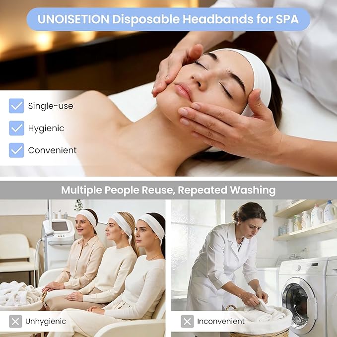 UNOISETION Disposable Spa Headbands 50 Pcs, Non-Woven Fabric Stretch Headband Wrap for Women, Esthetician Supplies Facial Headband for Skincare Makeup Sport Yoga Shower