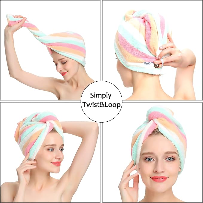 AuroTrends Microfiber Hair Towel 2Pack, Hair Towel Wrap for Women/Kids- Super Absorbent Soft Microfiber Towel for Hair, Hair Drying Towels for Long/Thick/Fine/Curly Hair (Set of 2, Rainbow)
