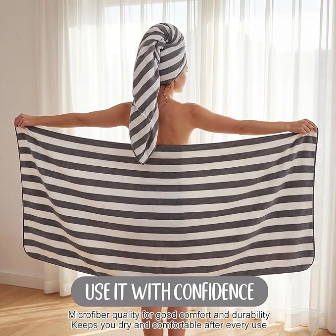 SmoothNovelty 16 Pack Microfiber Bath Towels Bulk 27'' x 60'' Oversized Size Bath Towel Highly Absorbent Extra Large Soft Drying for Beach Shower Summer Salon Sport Gym Party (Stripe,Dark Grey)