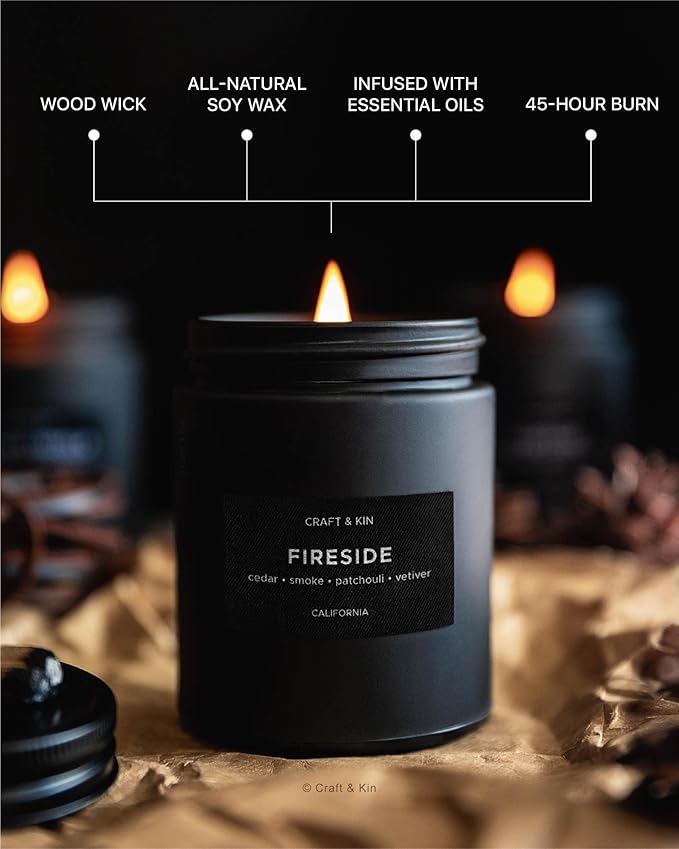 Craft & Kin Premium Smoky Fireside Candle | Scented Candles for Men | Men Candles with Wood Wicked | Long Lasting with 45 Hour Burn Time - 7.6oz