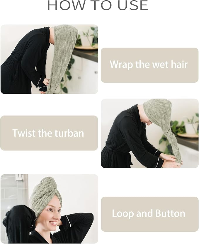 ROLSHOL Extra Large 4 Pack Microfiber Hair Towel Wrap for Women Super Absorbent & Quick Dry Hair Drying Towels with Button, Hair Turbans for Curly Hair Long & Short Hair - Anti-Frizz (green pinstripe)