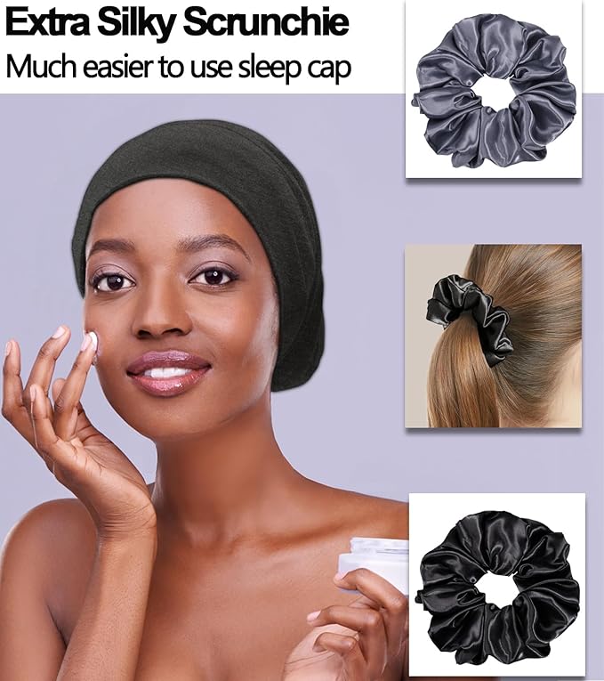 Sleep Cap Bonnet for Sleeping Black Women, Adjustable Cooling Ice Silk Lined Bonnet for Curly Braids Hair Cover Beanie Hat