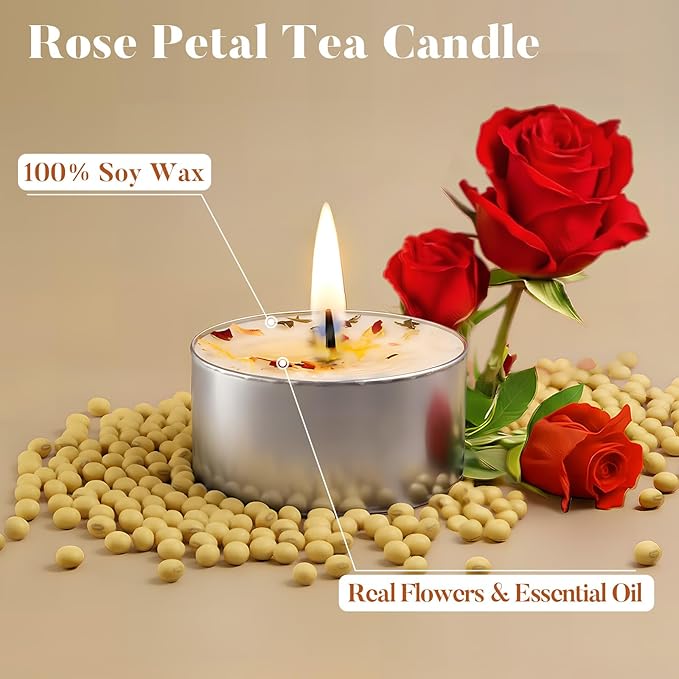 16 Pack Rose Tealight Candles with Real Dried Petals, Natural Soy Wax, 6-Hour Burn Time for Home, Wedding or Bath Decor