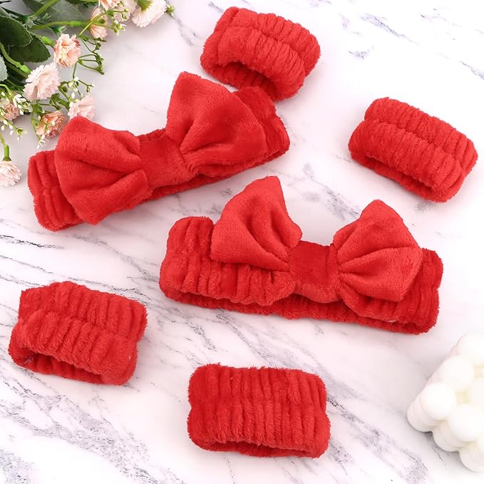 WHAVEL 6PCS Red Spa Headband and Wristbands Set, Valentine's Day Face Wash Headband Wrist Bands for Washing Face Makeup Skincare Hair Band Skin Care Accessories Tools