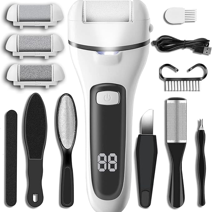 Callus Remover for Feet, 13-in-1 Professional Pedicure Tools Foot Care Kit, Foot Scrubber Electric Feet File Pedi for Hard Cracked Dry Dead Skin, 3 Rollers, 2 Speed, Battery Display (White&Grey)