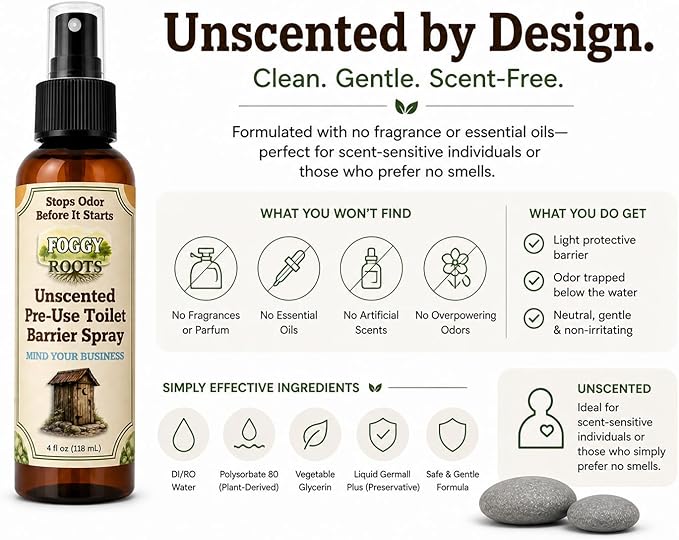 Unscented Pre-Poop Toilet Spray – Stops Odor Before It Starts, Bathroom Odor Eliminator for Toilet, 4 oz (200+ Uses) Travel, Home & Work