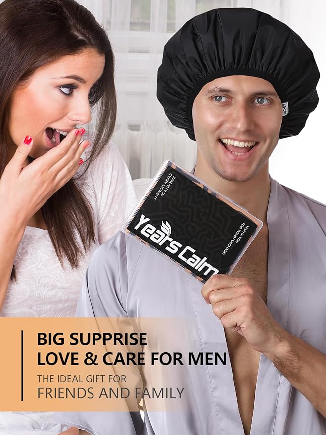 Years calm Men Shower Cap Reusable Waterproof, Dual-Layer Design, Double-Sided Use, Protects Hair in Shower, Spa, Travel & Cooking, Adjustable Elastic for Comfortable Fit (Orange Striped, One Size)