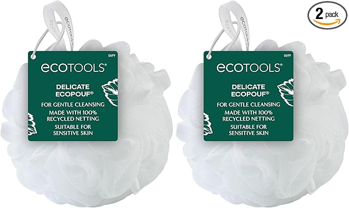 EcoTools Delicate EcoPouf Body Loofah, Gentle Exfoliating Shower Sponge for Sensitive Skin, 100% Recycled Netting Bath Pouf, 1 Count (Pack of 2)