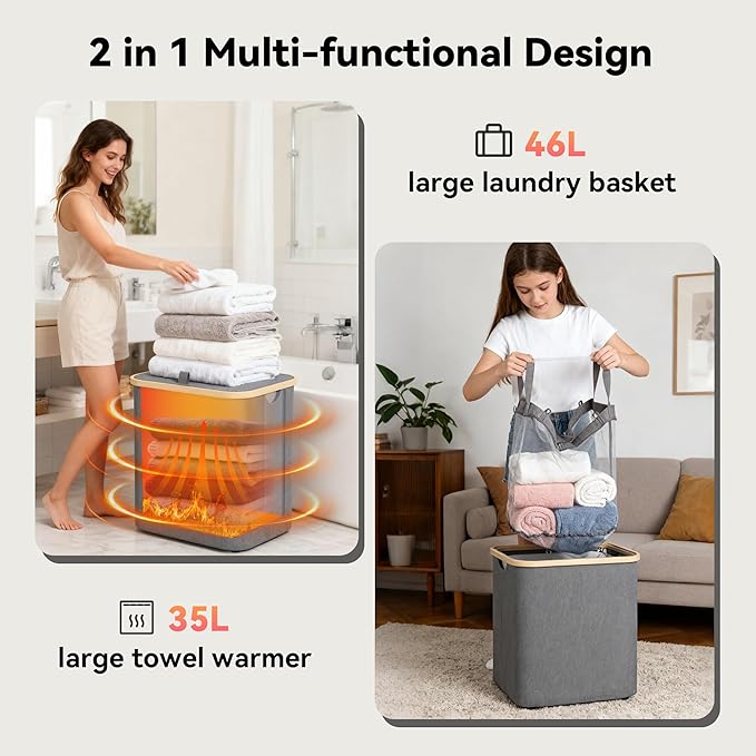 35L Large Towel Warmer/46L Laundry Basket, 2-in-1 Innovative Design, Foldable Towel Warmer for Bathroom, Large Heated Blankets Warmers, Auto Shut Off, Fits Up to 3 Oversized 40"X70" Towels, Ideal Gift