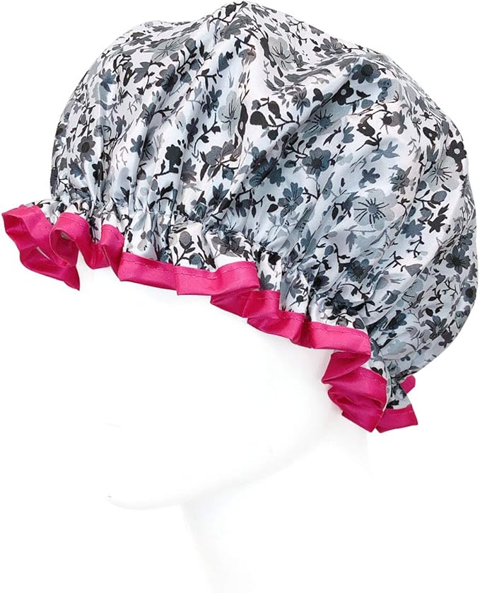 allydrew Reusable Women's Waterproof Shower Caps for Long Hair, Gray Pansies